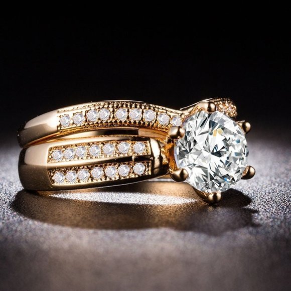 💎14K Rose Gold Plated Round Brillant Cut CZ Wedding Couple Ring, MLNN1020 - Picture 1 of 4